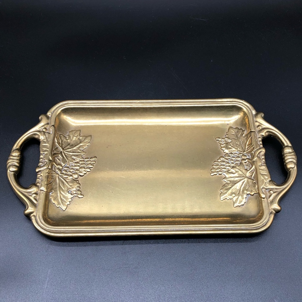 Heavy Solid Brass Tray ~ Made in Italy ~ Grapes Leaf Design Double Handle - Picture 6 of 6